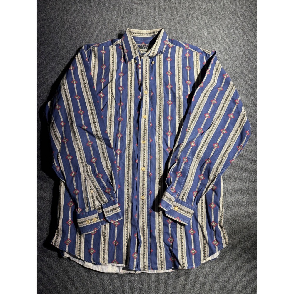 Trader Bay Mens Blue Striped Diamond Print Cotton Button Down Shirt LT Tall
